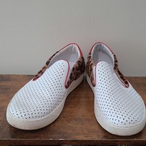 Johnston & Murphy White with Leopard Print & Red Patent Ankle Accent Sneaker 9.5